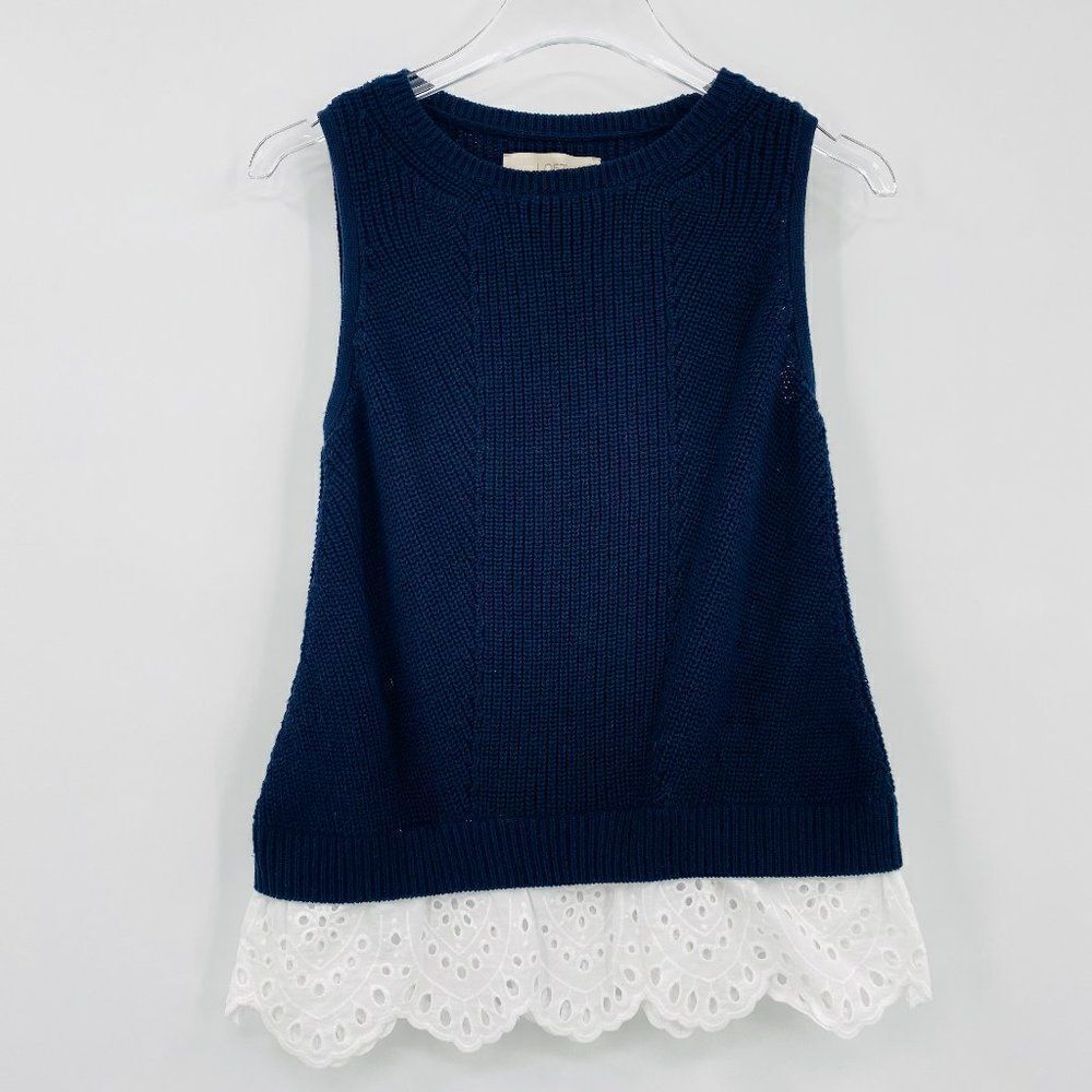 LOFT Size XS Navy Blue Sleeveless Knit Eyelet Trim Layered Tank Top